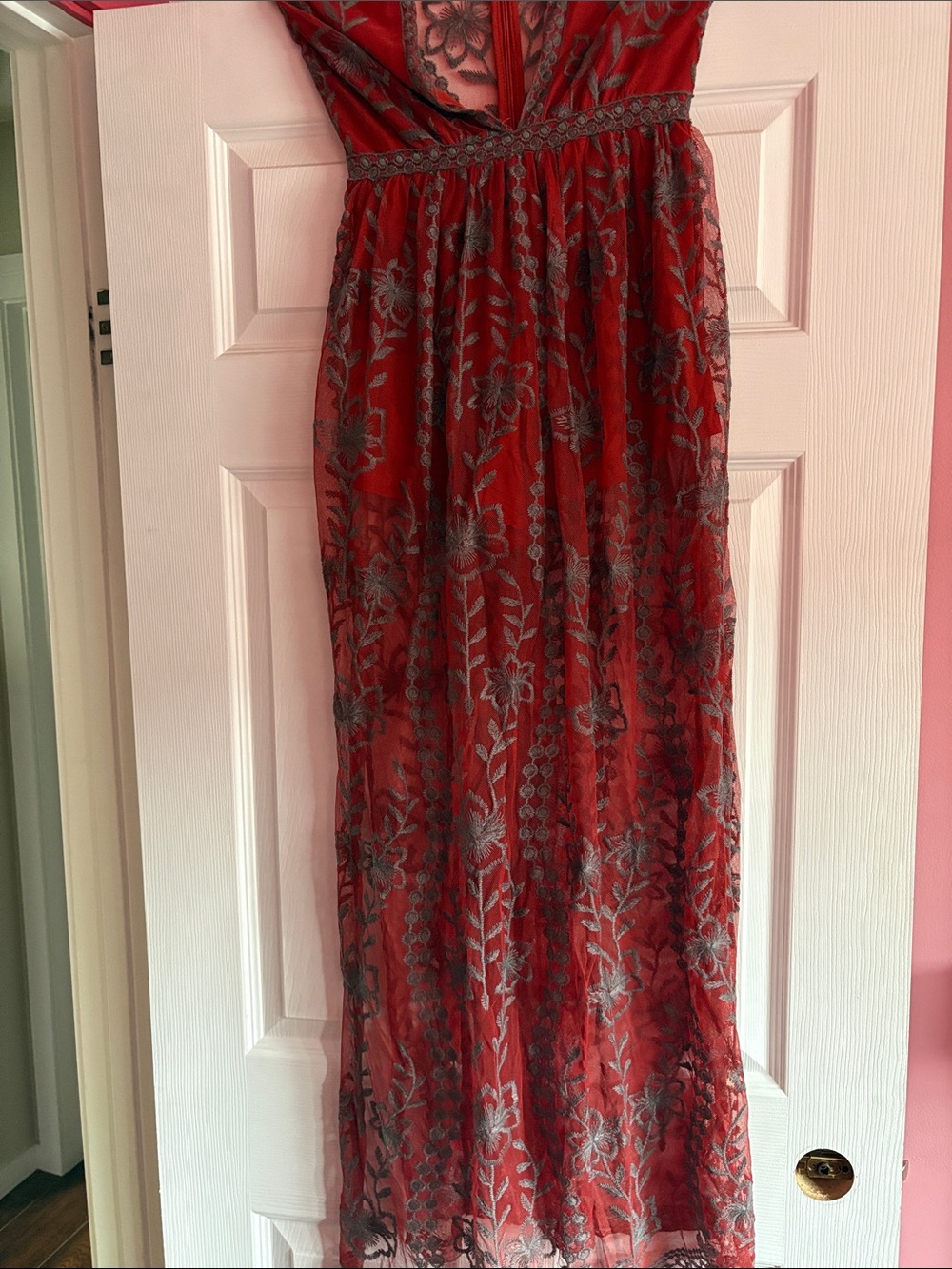 Honey Punch Red Maxi Dress with Gray Floral Embroidery